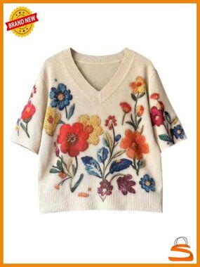 Verdusa Womens V-Neck Pullover Sweater Half Sleeve Loose Knit Boho Top